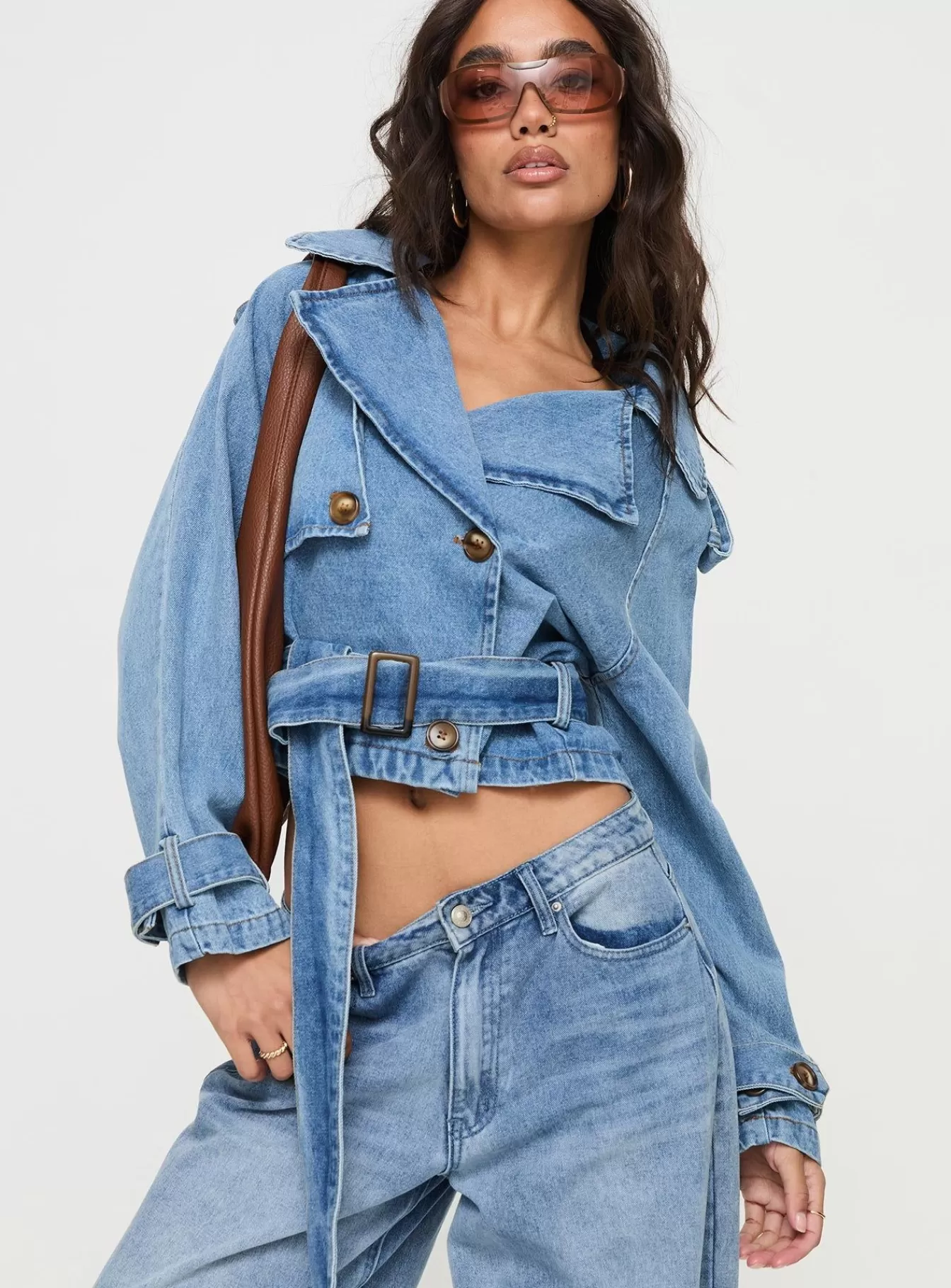 Princess Polly Denim Jackets | Aurelio Cropped Denim Trench Coat Light Denim Wash