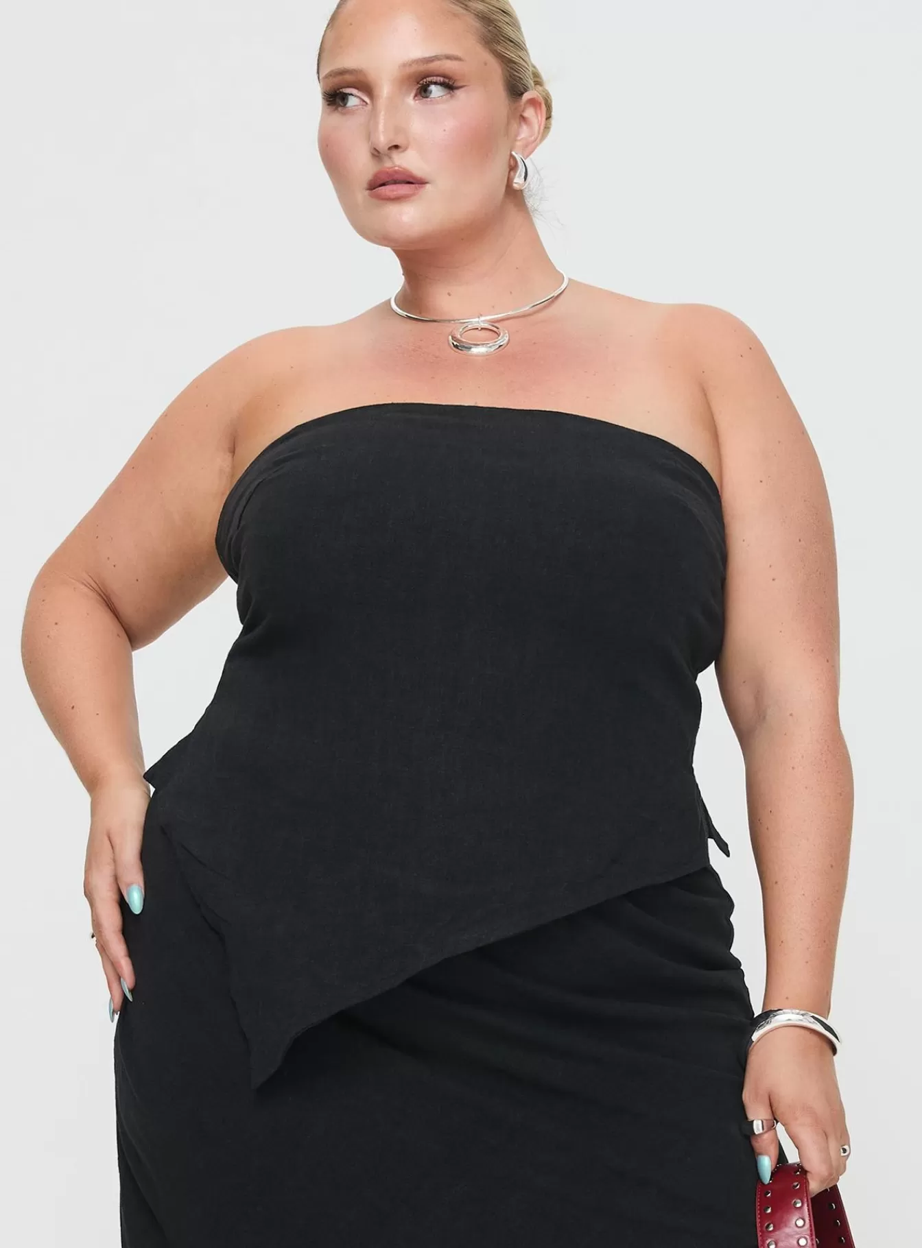 Princess Polly Lower Impact | Birdie Asymmetric Linen Blend Top Curve Black