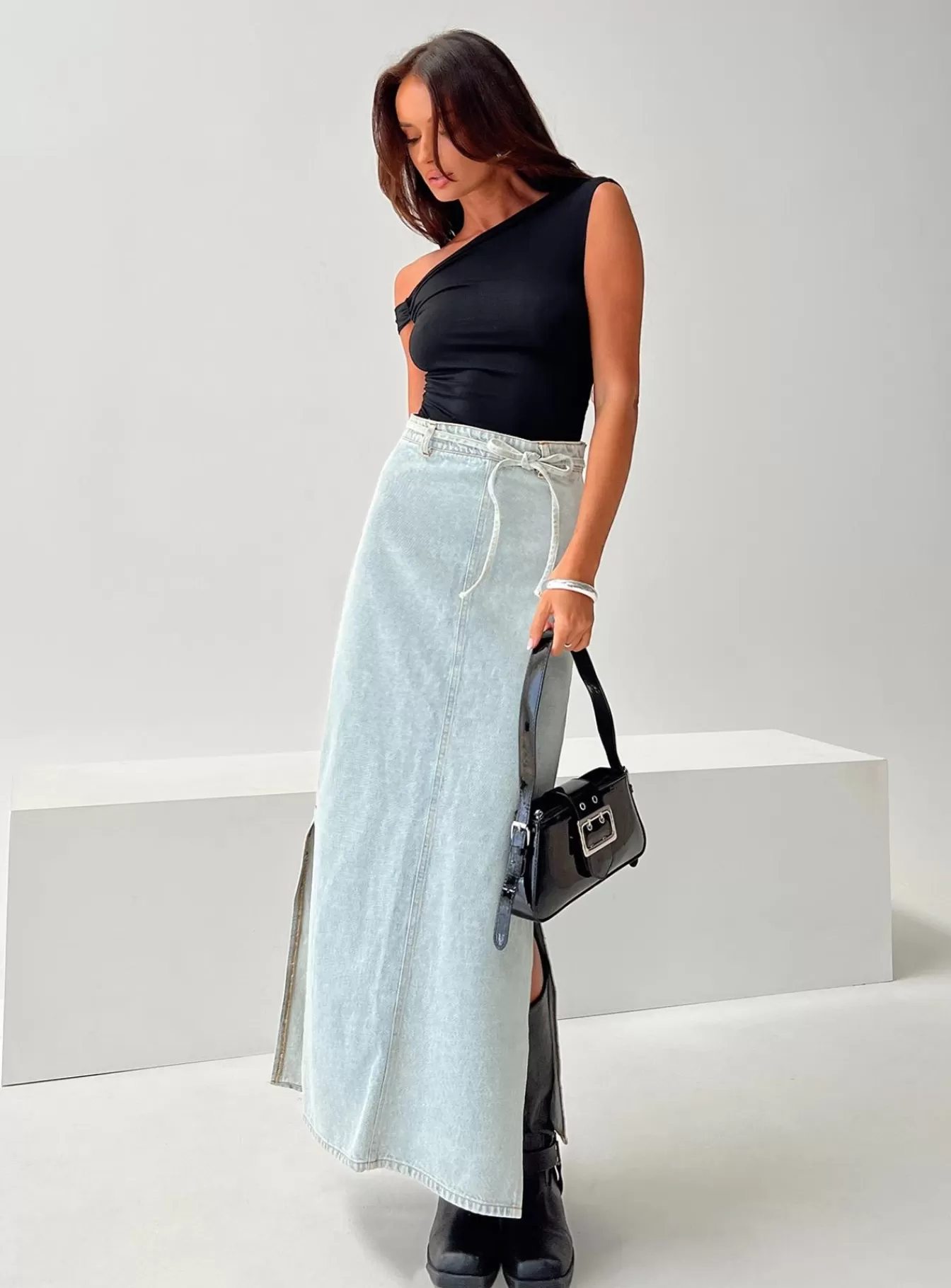 Princess Polly Skirts | Brandee Tie Front Denim Maxi Skirt Light Wash Light Blue Wash
