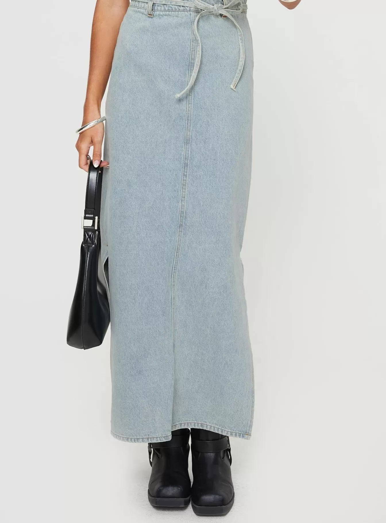 Princess Polly Skirts | Brandee Tie Front Denim Maxi Skirt Light Wash Light Blue Wash