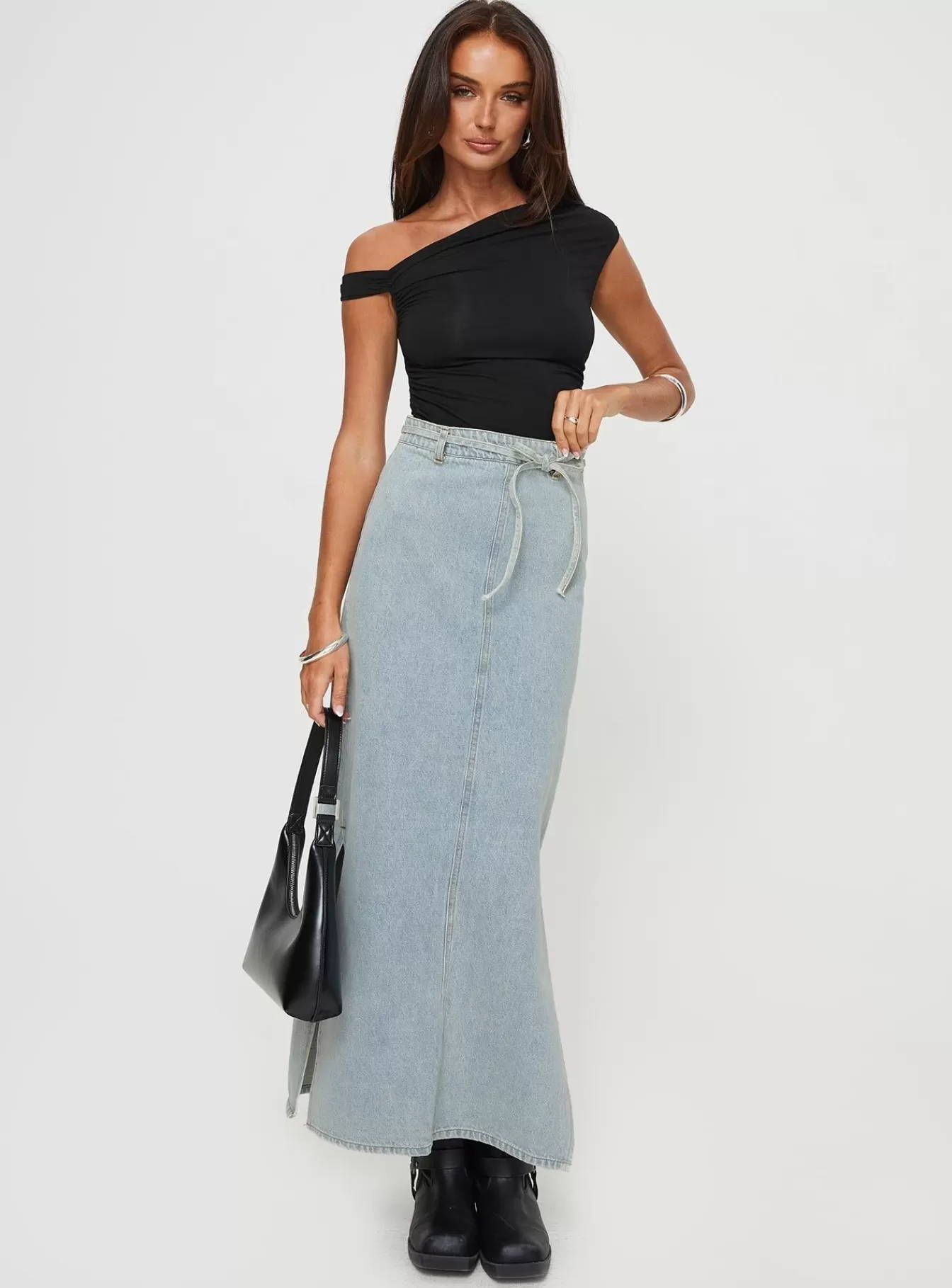 Princess Polly Skirts | Brandee Tie Front Denim Maxi Skirt Light Wash Light Blue Wash