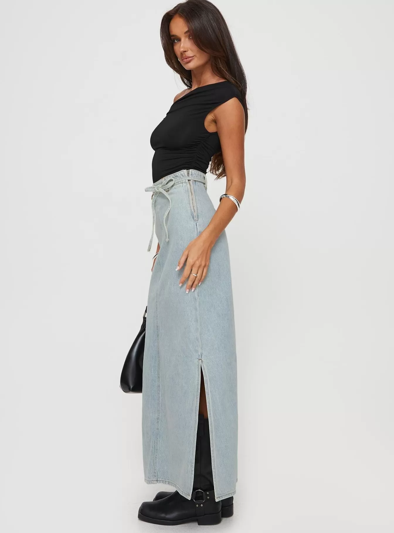 Princess Polly Skirts | Brandee Tie Front Denim Maxi Skirt Light Wash Light Blue Wash