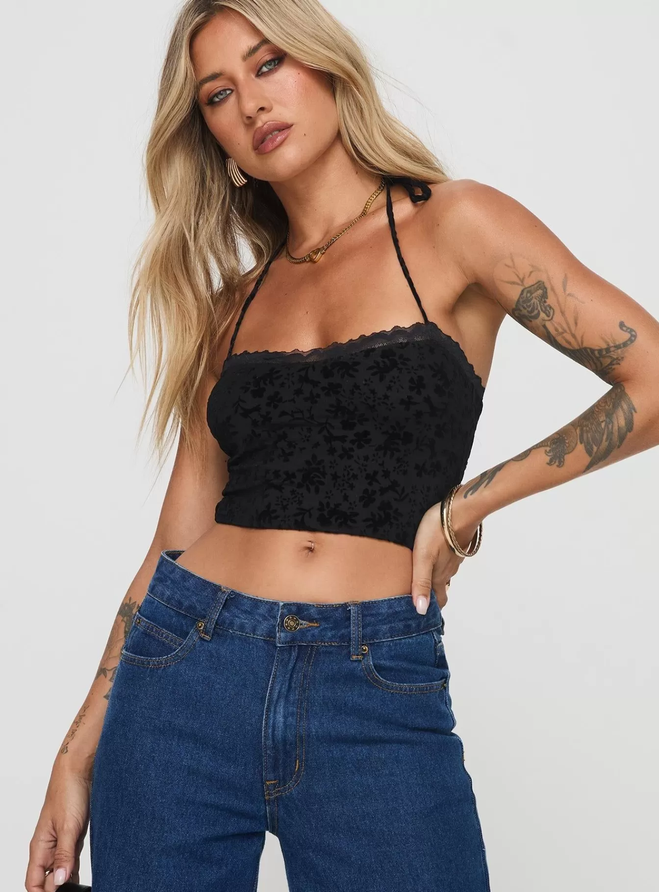 Princess Polly Crop Tops | Burnout Velour Top Black