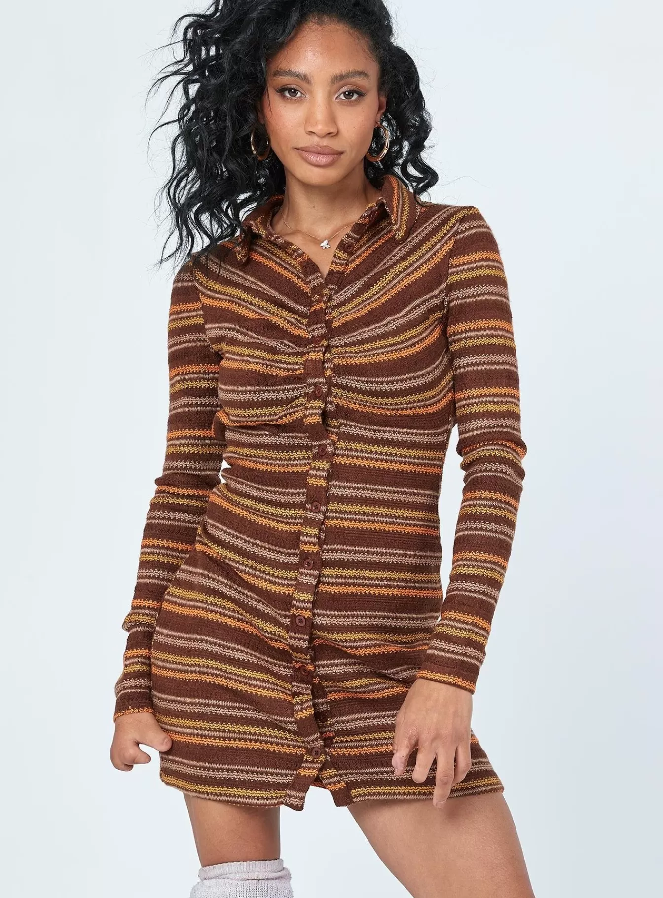 Princess Polly Mini Dresses | Dalton Long Sleeve Mini Dress Multi Brown