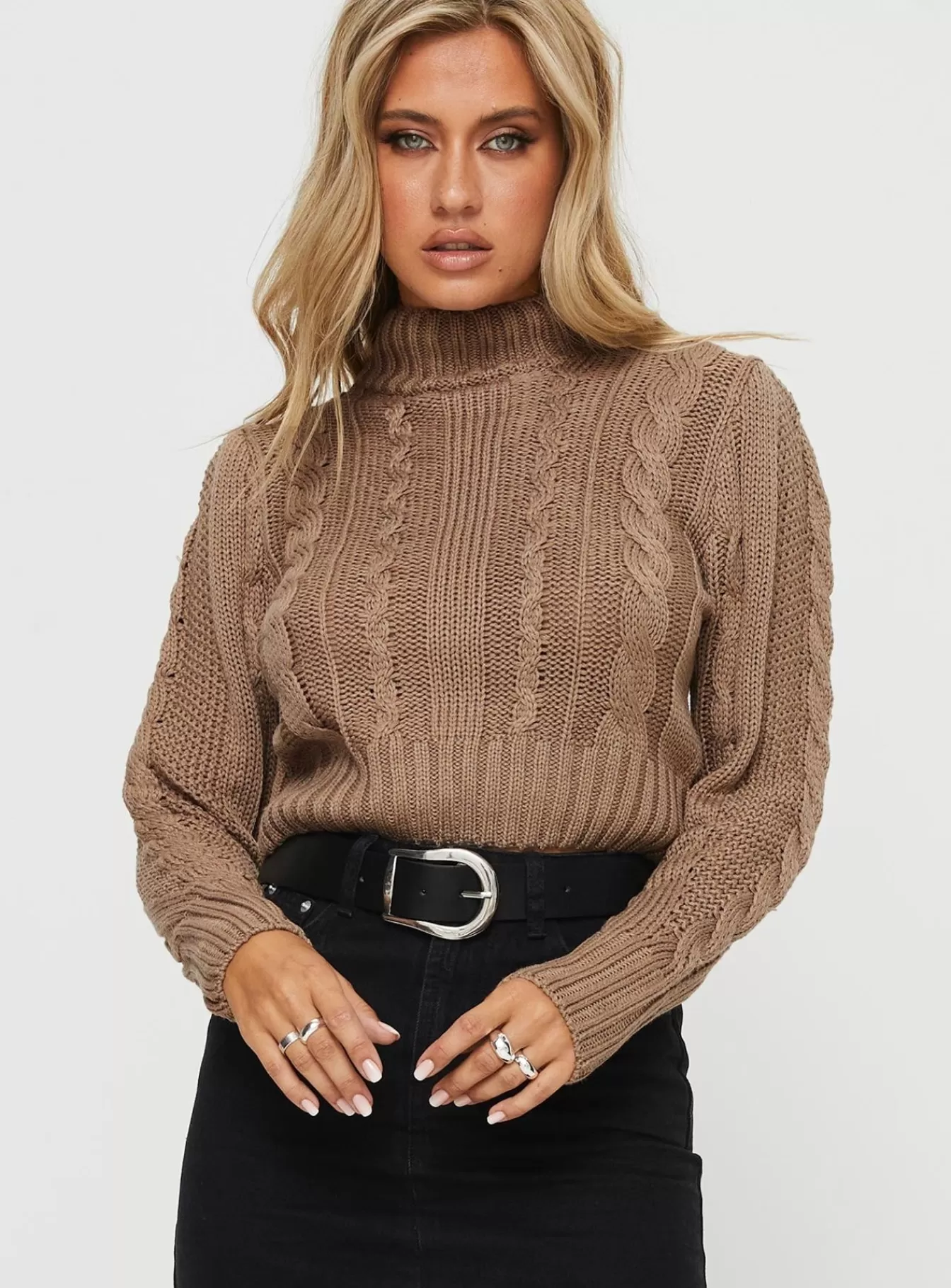 Princess Polly Knitted Sweaters | Degi Cropped Cable Sweater Brown