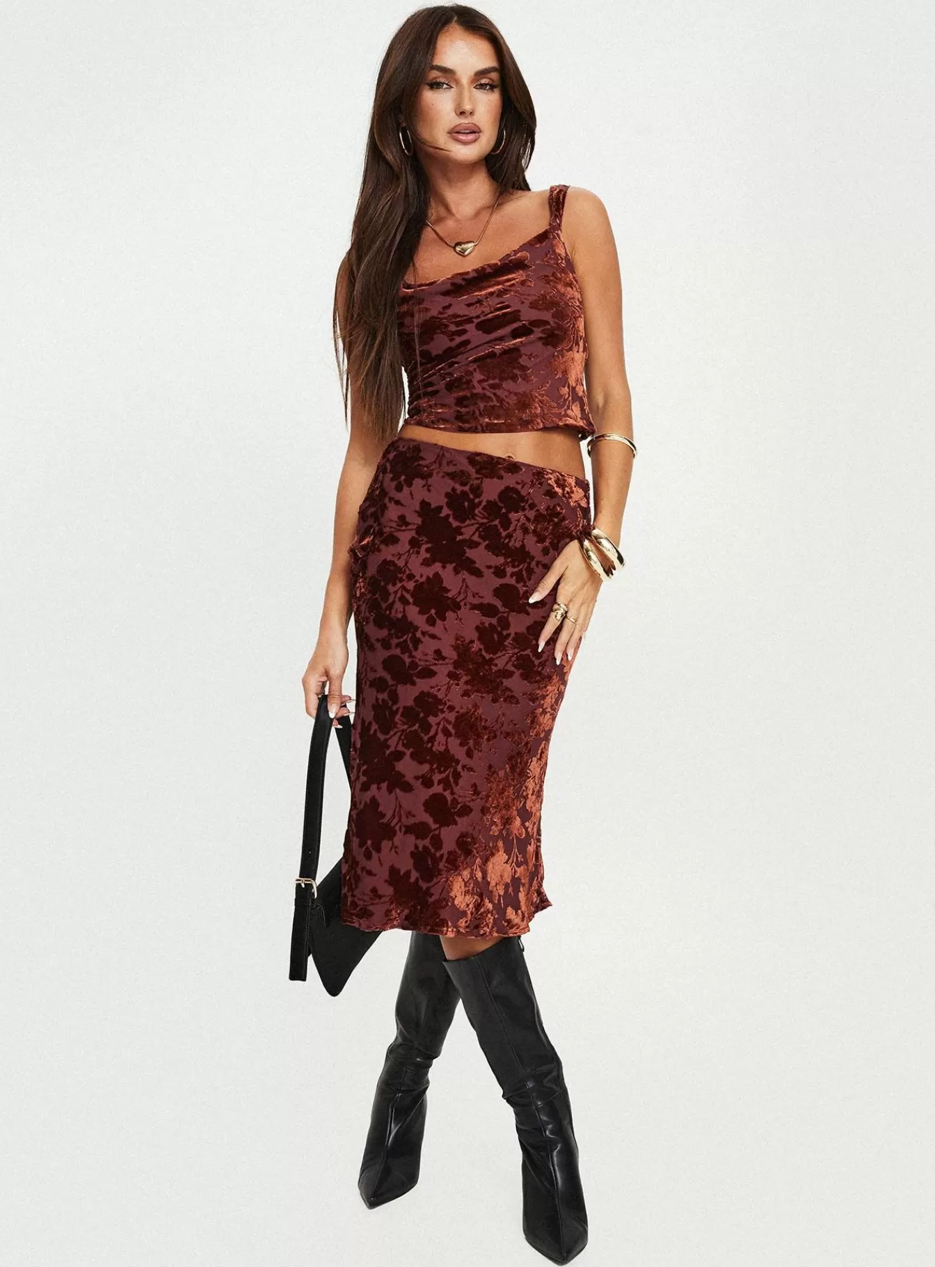 Princess Polly Skirts | Devore Midi Skirt Burgundy