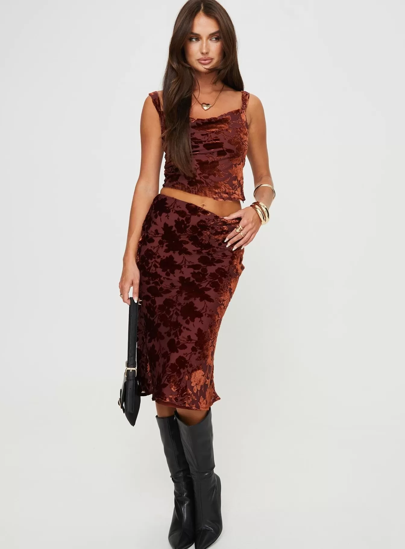 Princess Polly Skirts | Devore Midi Skirt Burgundy