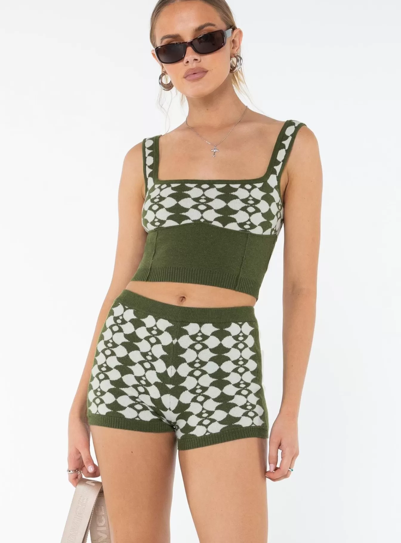 Princess Polly Shorts | Elewa Geo Knit Shorts Sage / White Sage/White