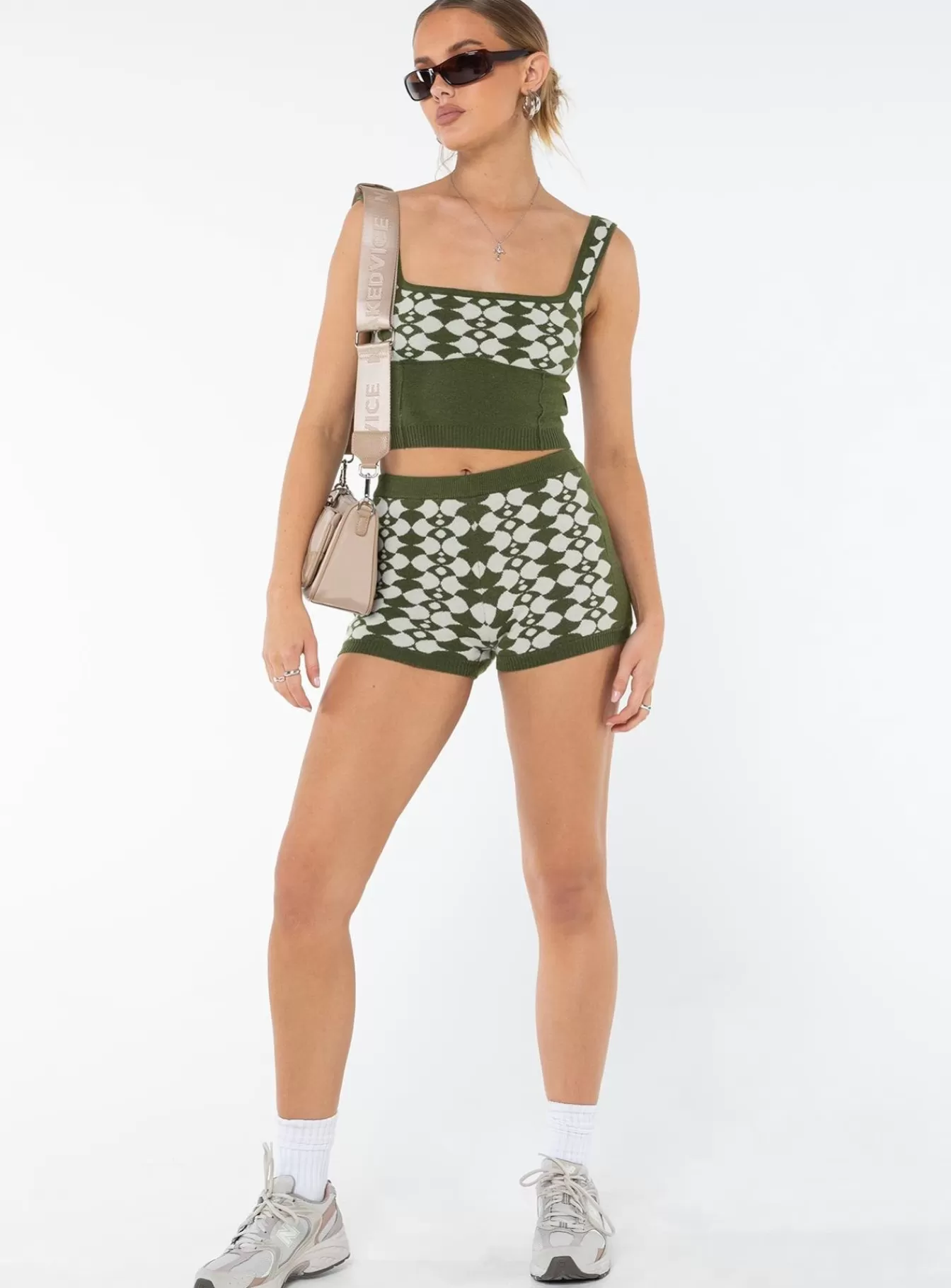 Princess Polly Shorts | Elewa Geo Knit Shorts Sage / White Sage/White