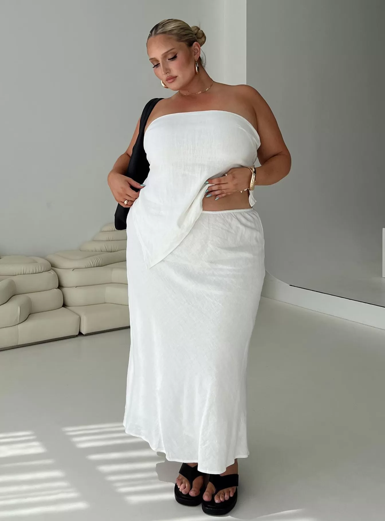 Princess Polly Skirts | Ermias Linen Blend Midi Skirt Curve White