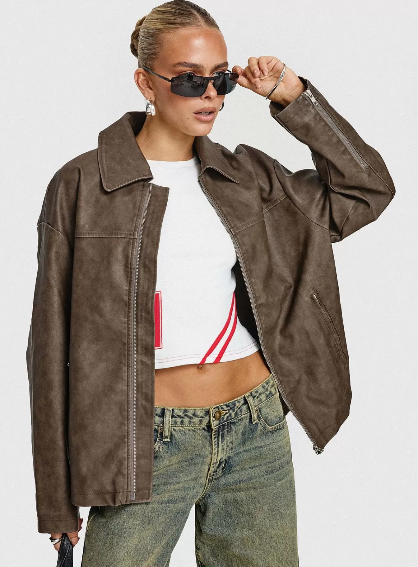 Princess Polly Leather Jackets | Faux Leather Collared Dad Jacket Washed Brown