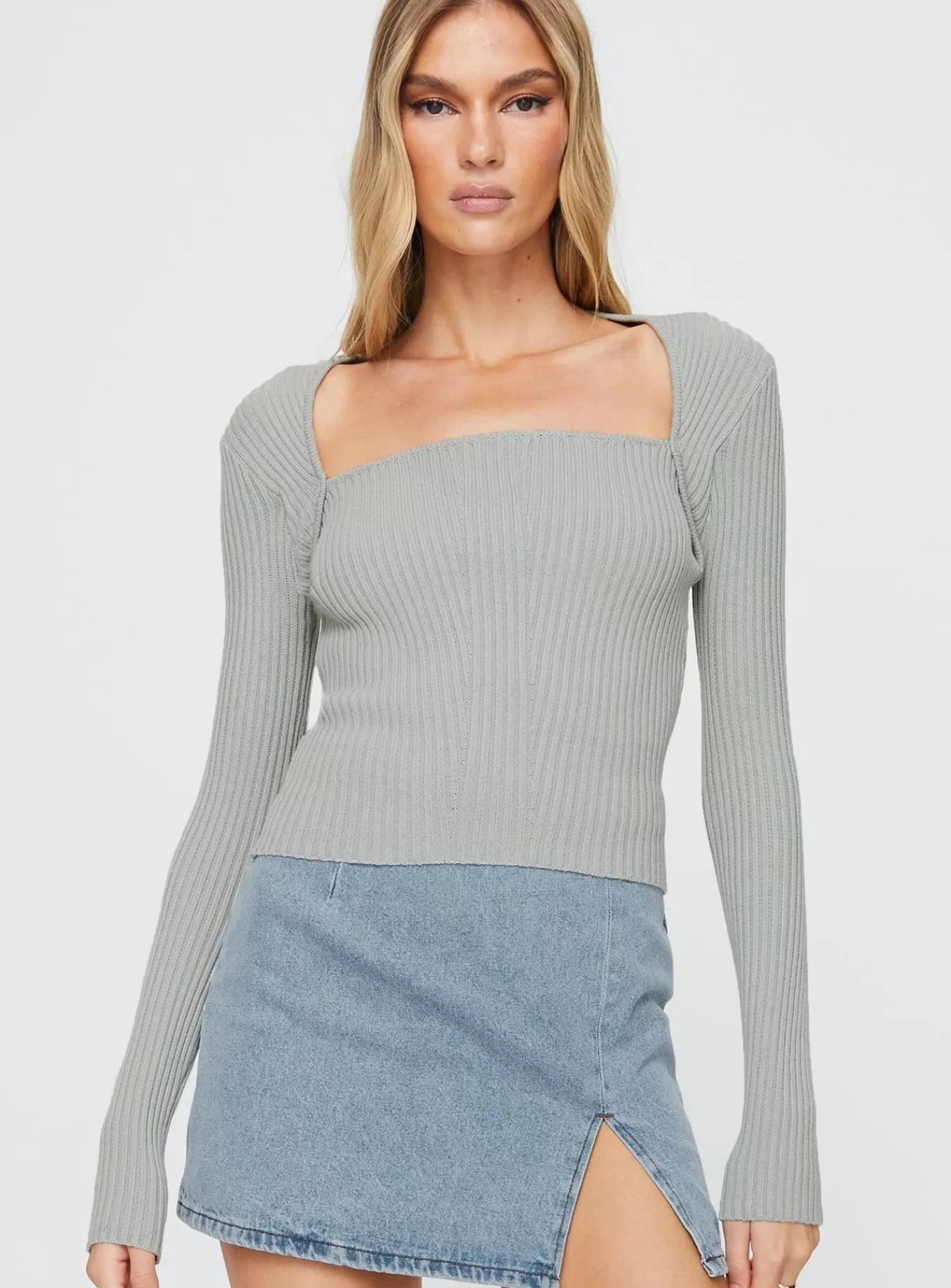 Princess Polly Long Sleeve Tops | Gleeson Square Neck Long Sleeve Top Grey