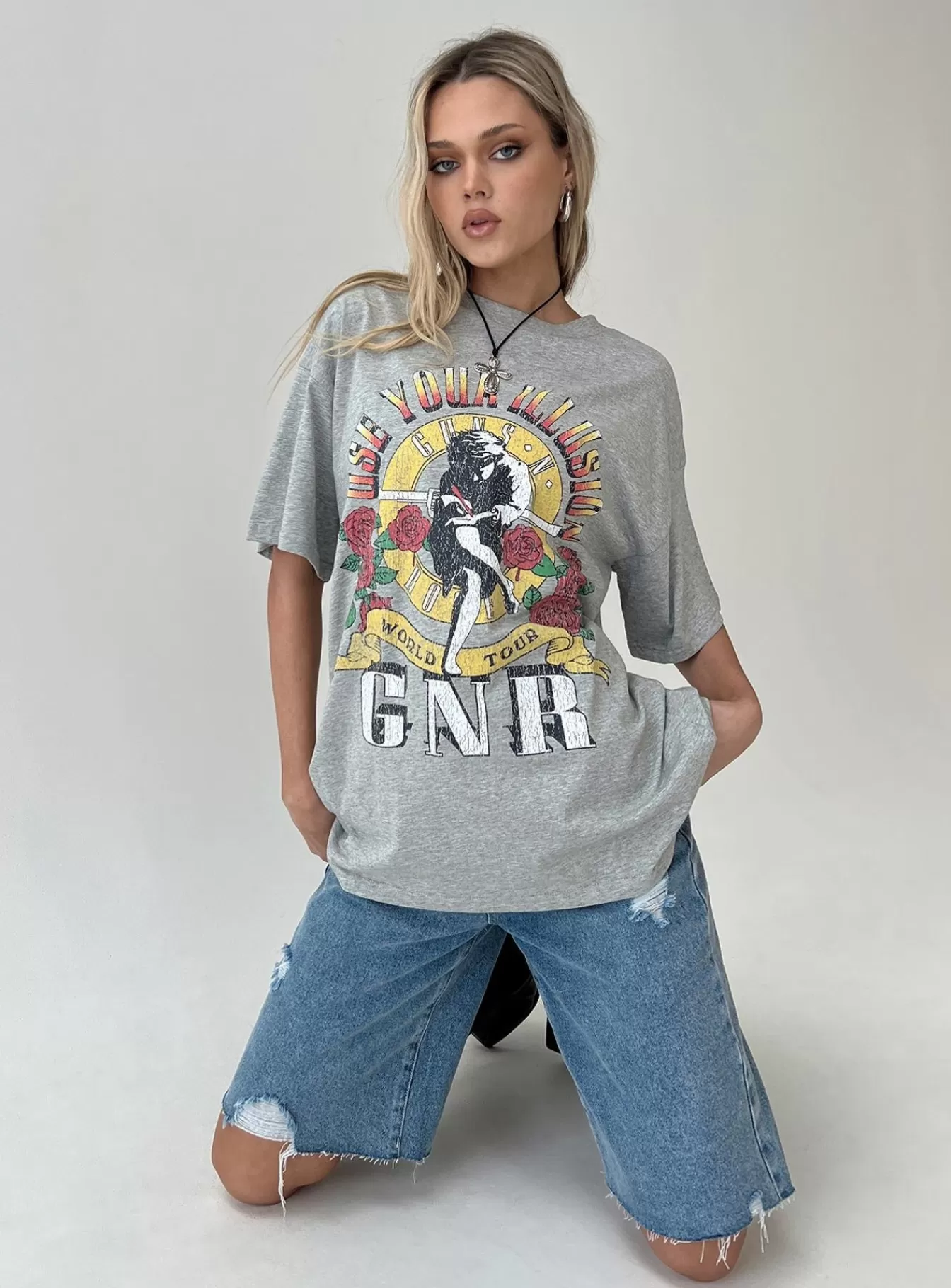 Princess Polly Casual Tops | Guns & Roses Illusion Oversized Tee Grey