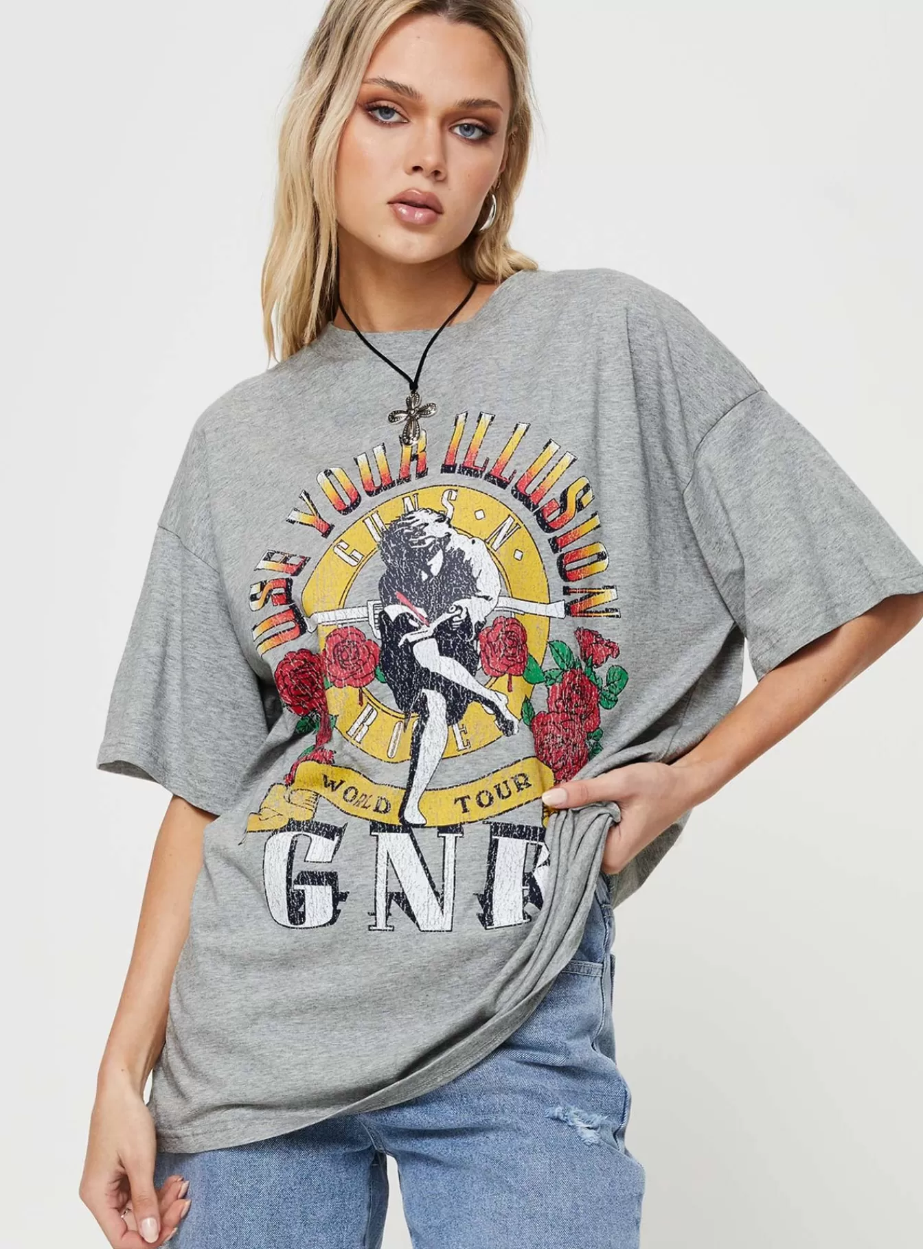 Princess Polly Casual Tops | Guns & Roses Illusion Oversized Tee Grey