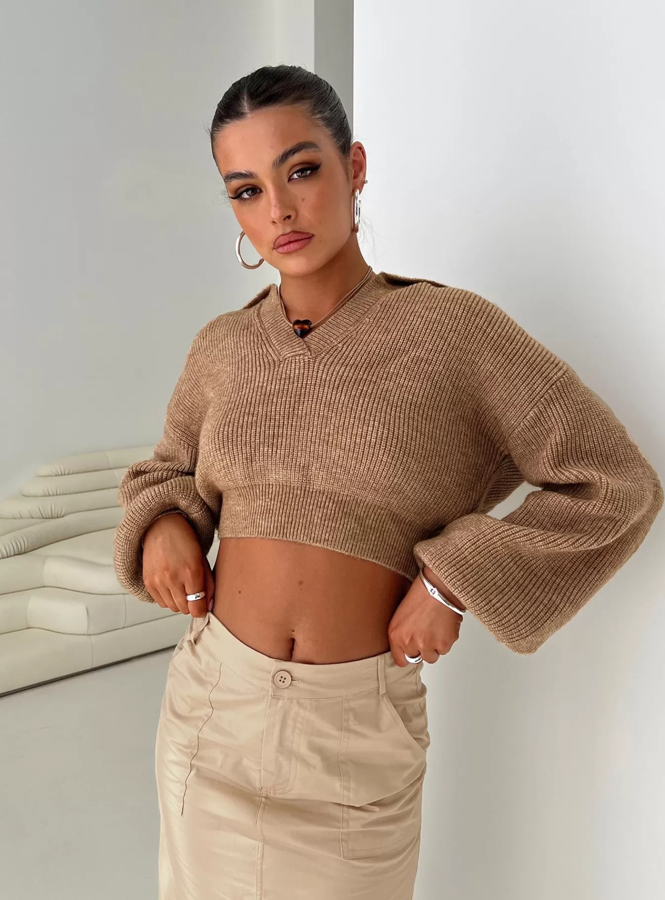 Princess Polly Knitted Sweaters | Hartlen Collared Sweater Beige