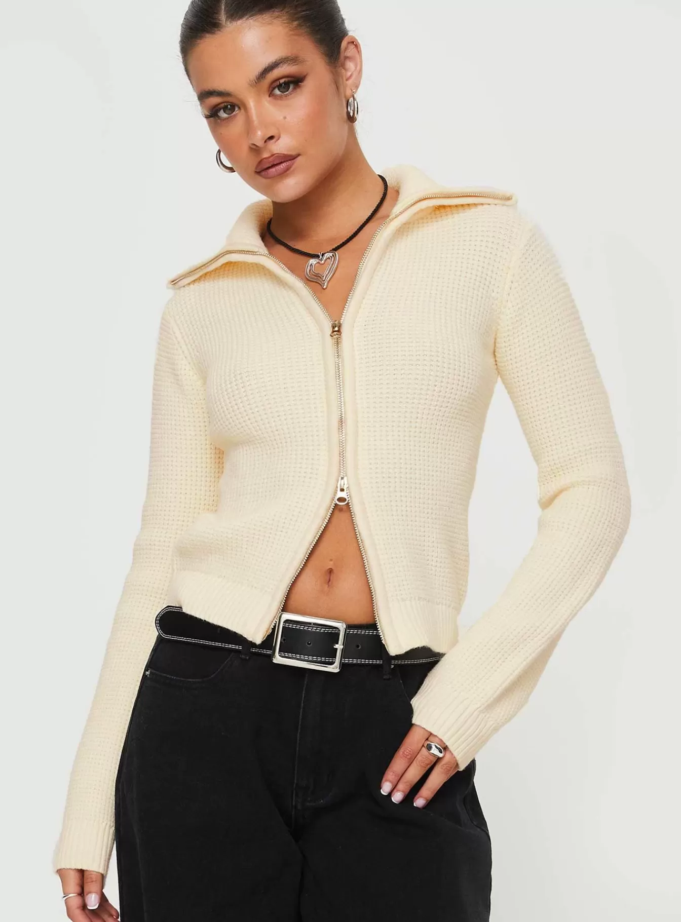 Princess Polly Knitted Sweaters | Harvill Zip Up Cardigan White