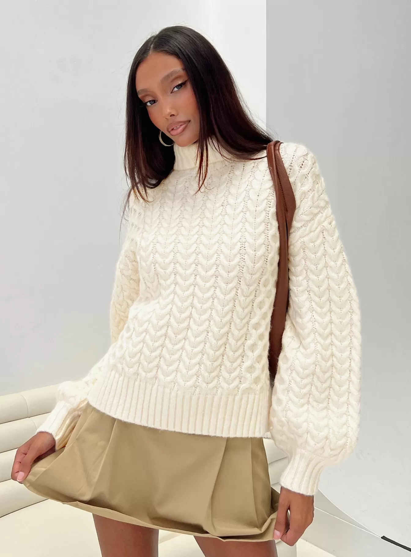 Princess Polly Knitted Sweaters | Judson Roll Neck Cable Knit Sweater Cream