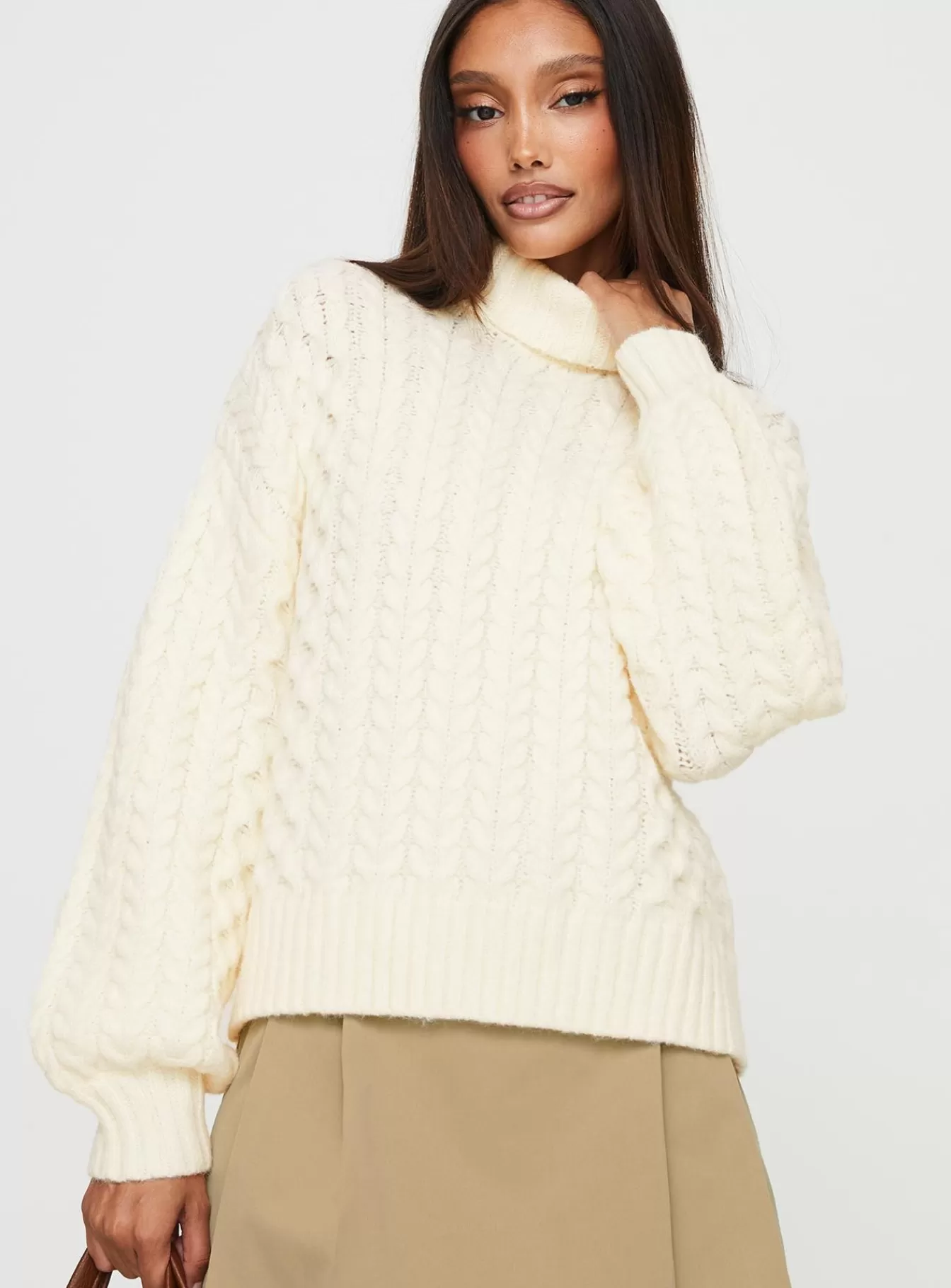 Princess Polly Knitted Sweaters | Judson Roll Neck Cable Knit Sweater Cream