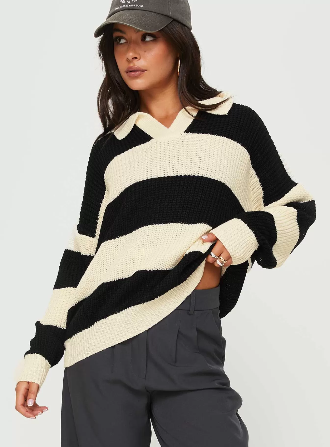 Princess Polly Knitted Sweaters | Mild Collared Sweater Cream / Black Cream/ Black