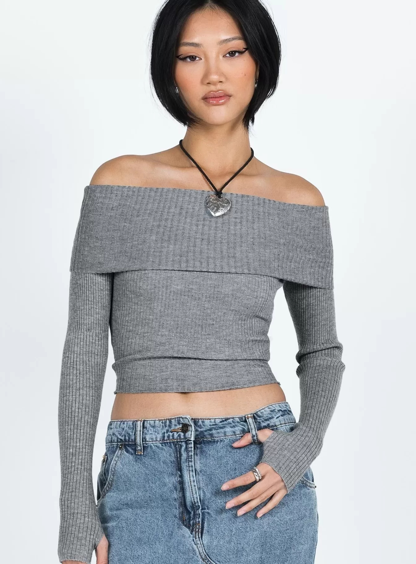 Princess Polly Knitted Sweaters | Morley Off Shoulder Sweater Grey Marle