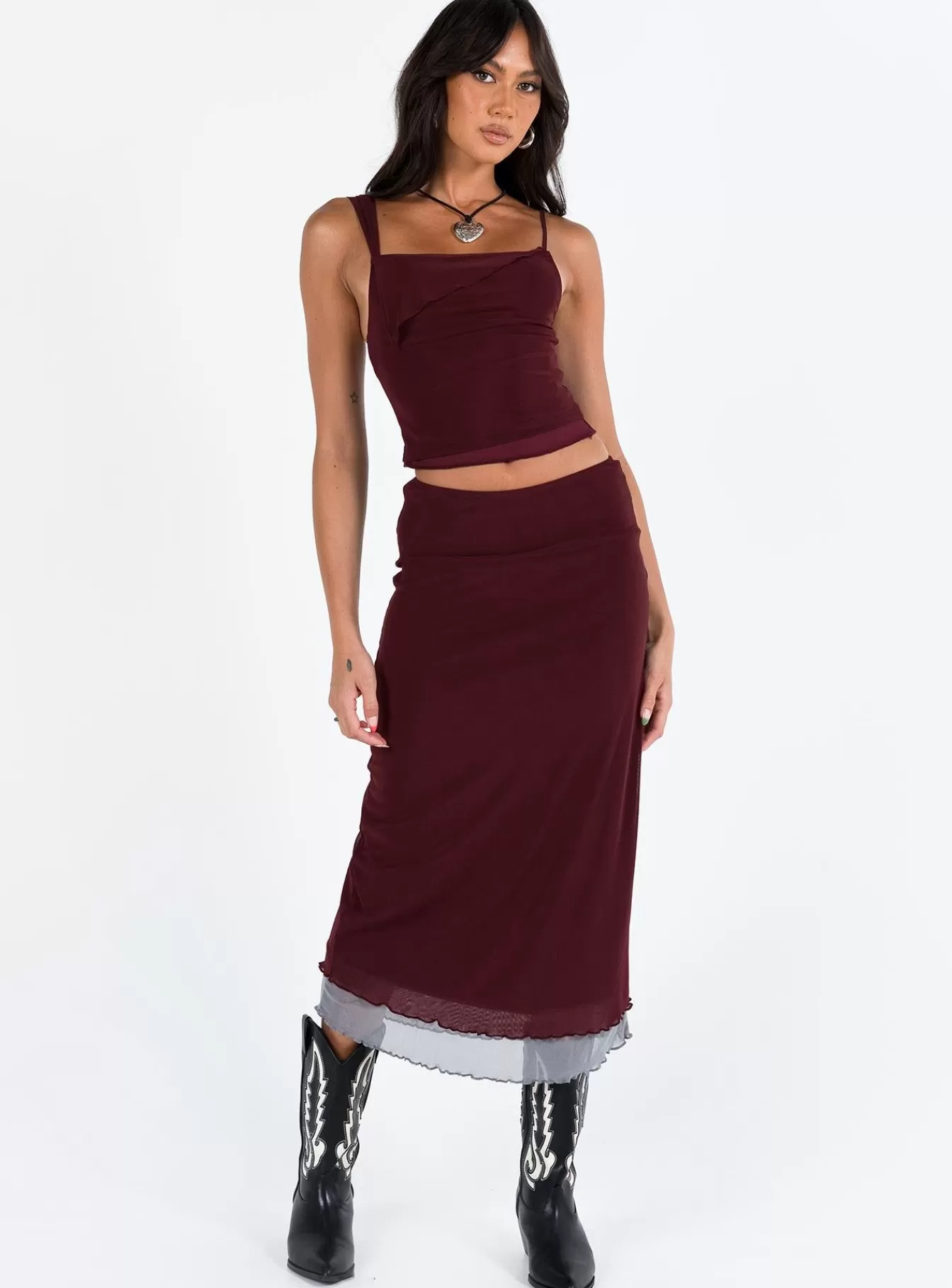 Princess Polly Skirts | Motel Tresha Skirt Mesh 199 Burgundy