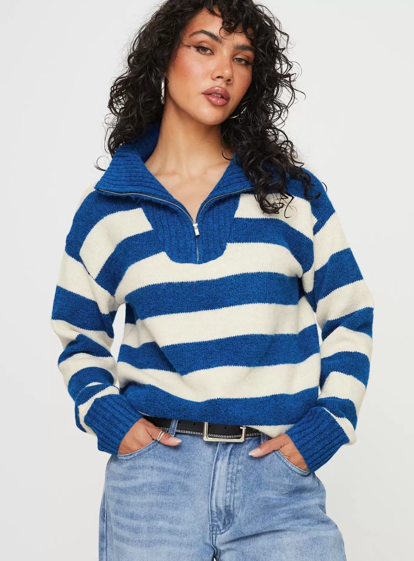 Princess Polly Knitted Sweaters | Neena Quarter Zip Sweater Blue / Cream