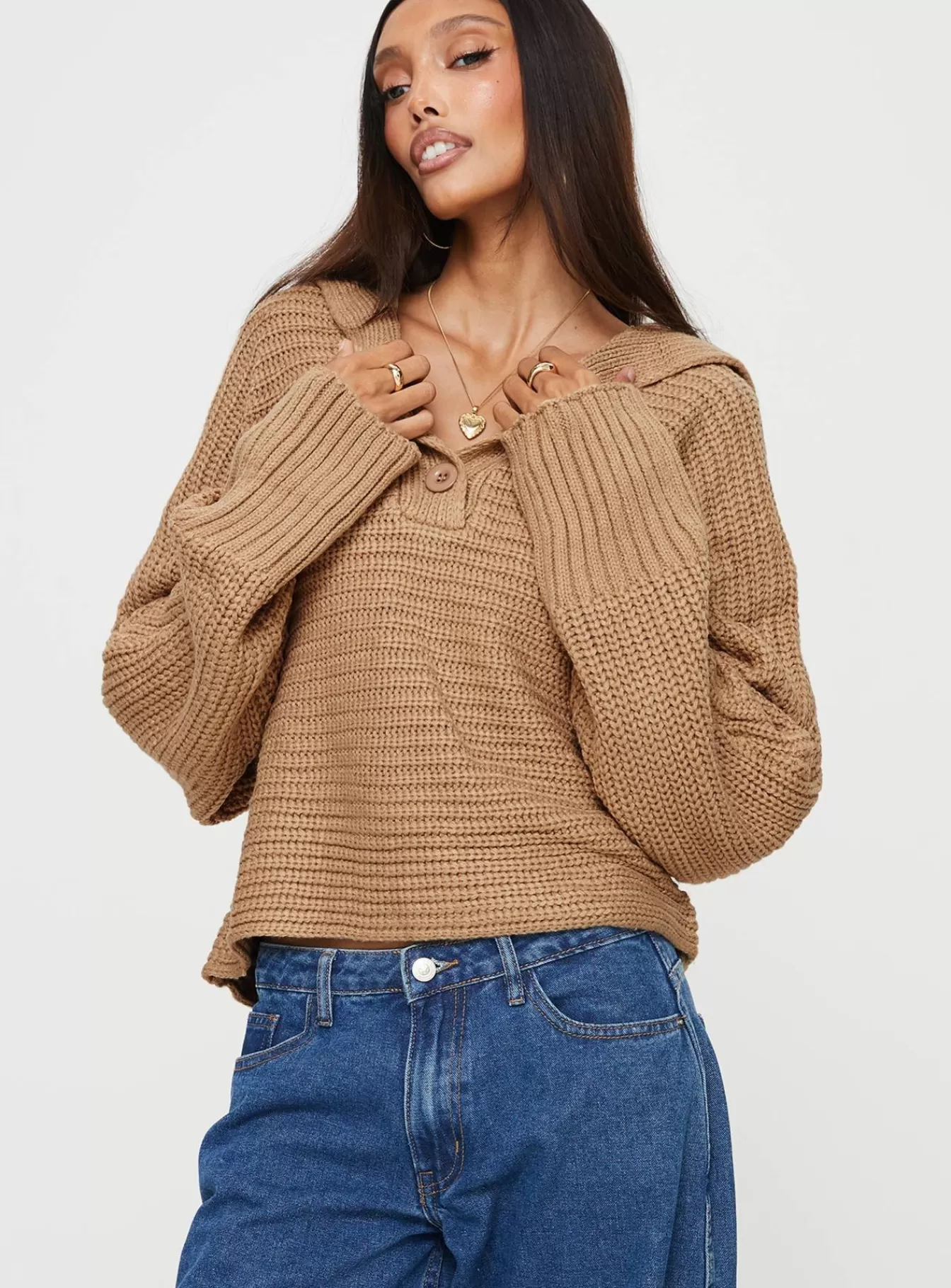 Princess Polly Knitted Sweaters | Praiano Button Front Collared Sweater Latte