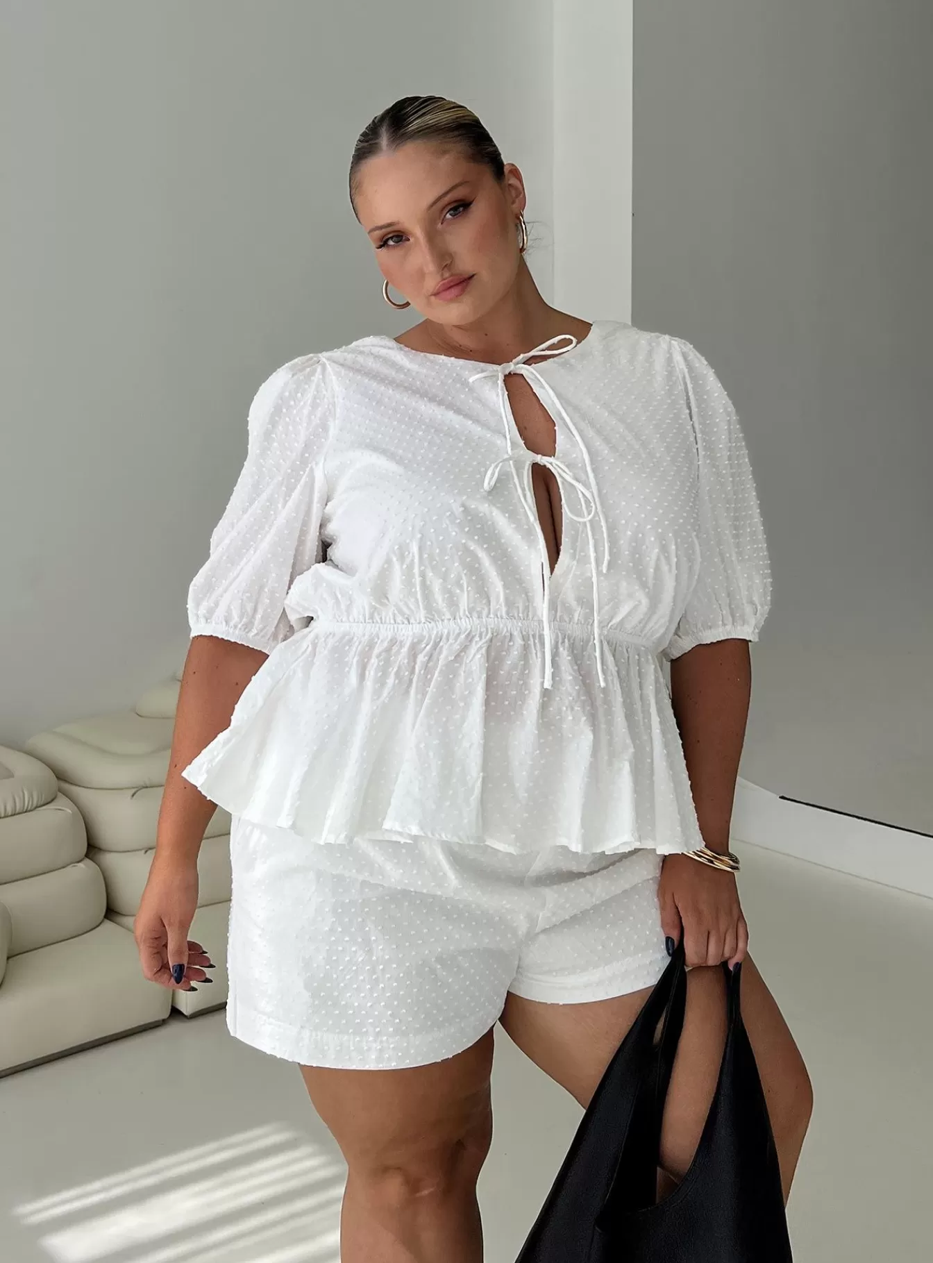 Princess Polly Lower Impact | Puff Puff Peplum Top Curve White