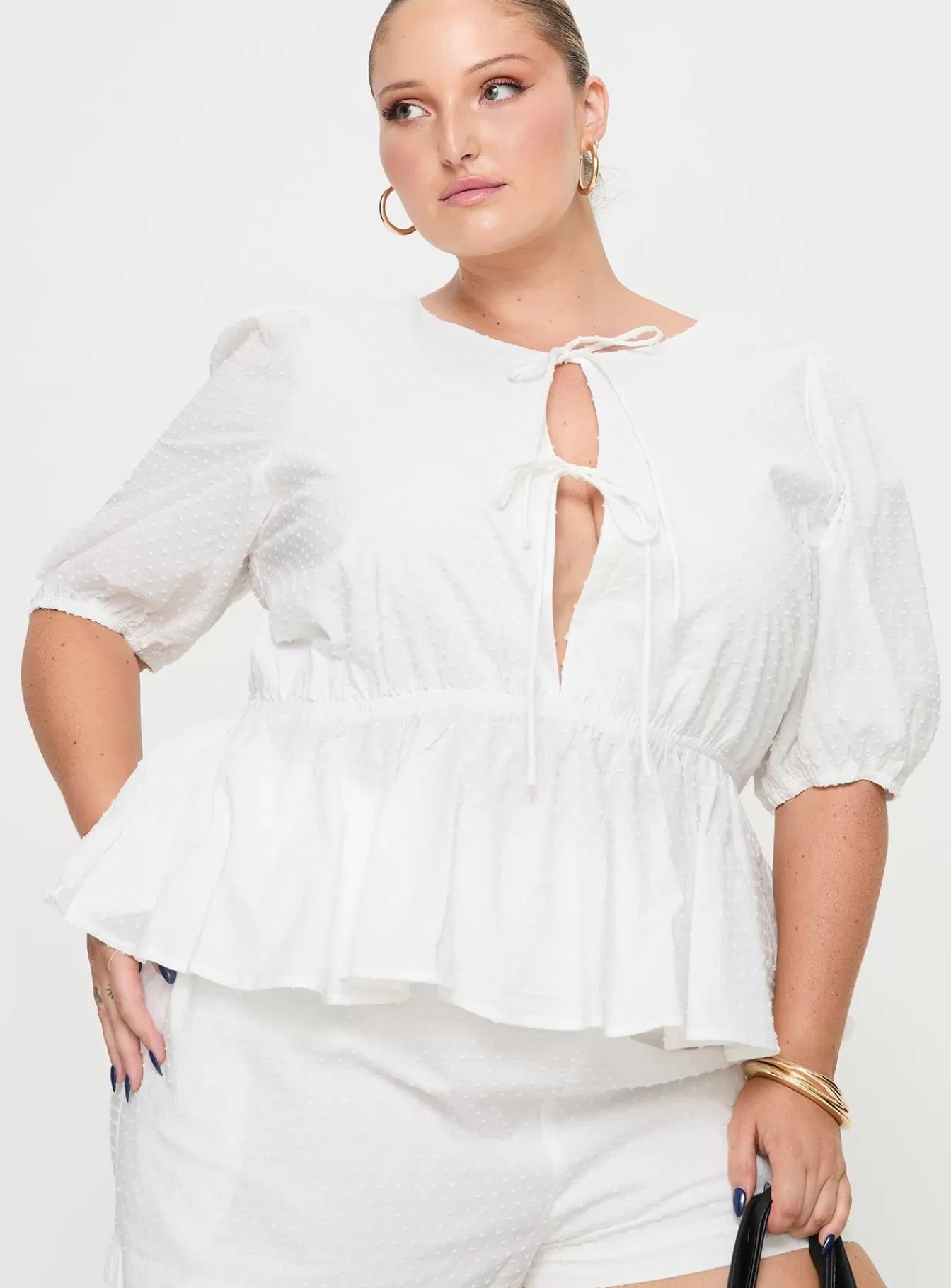 Princess Polly Lower Impact | Puff Puff Peplum Top Curve White