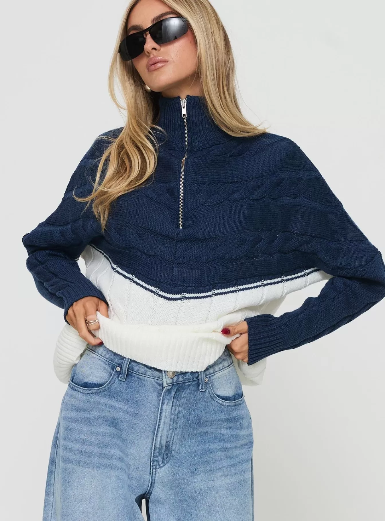 Princess Polly Knitted Sweaters | San Seb Quarter Zip Sweater Navy / Cream Navy/Cream