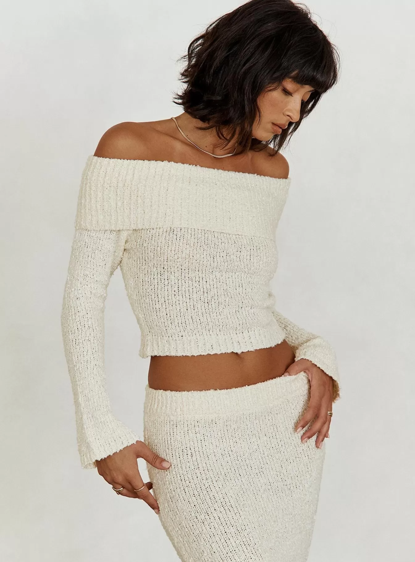 Princess Polly Knitted Sweaters | Snowy Off The Shoulder Boucle Sweater Cream