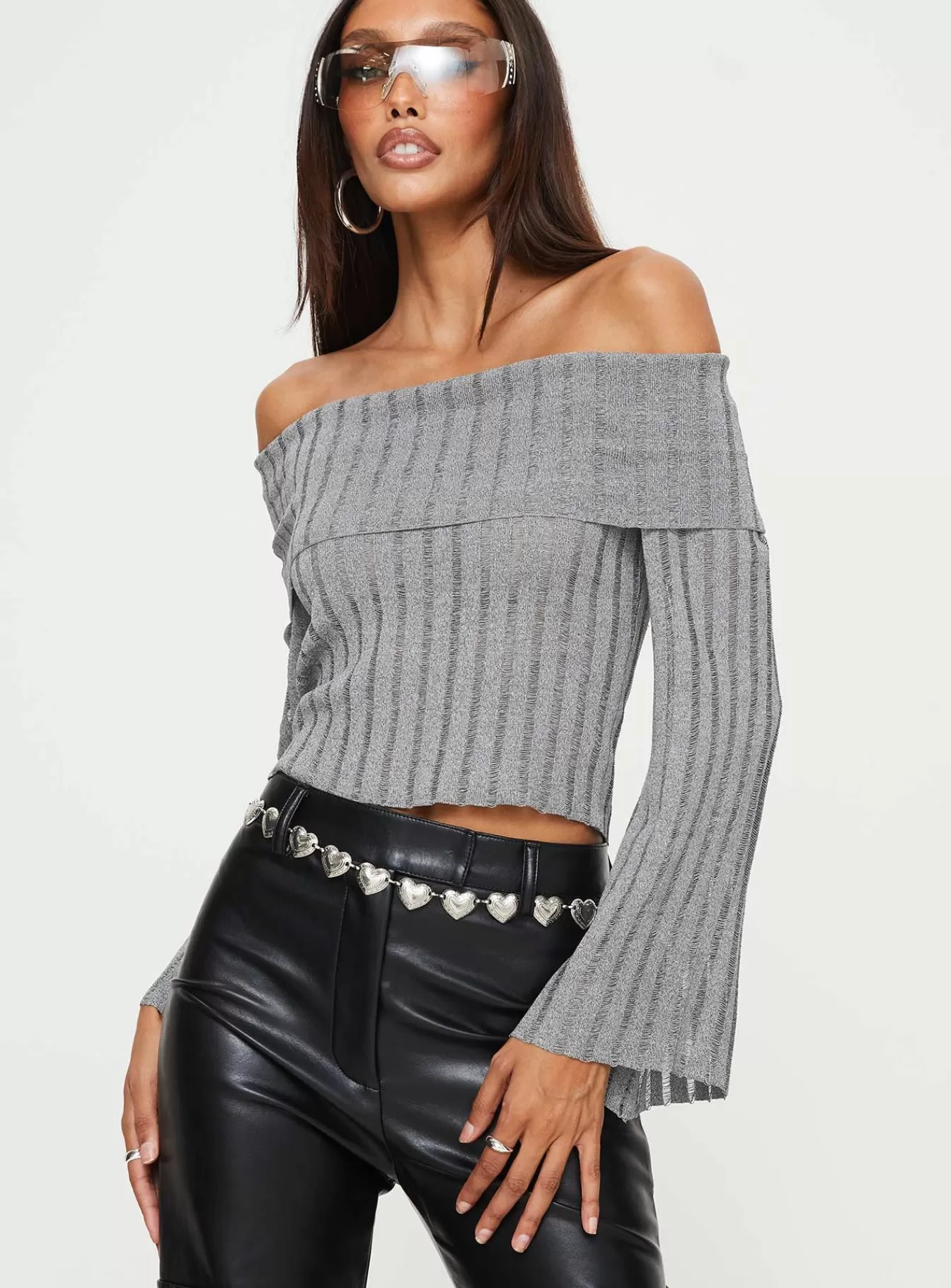 Princess Polly Long Sleeve Tops | Sorrel Off The Shoulder Top Grey