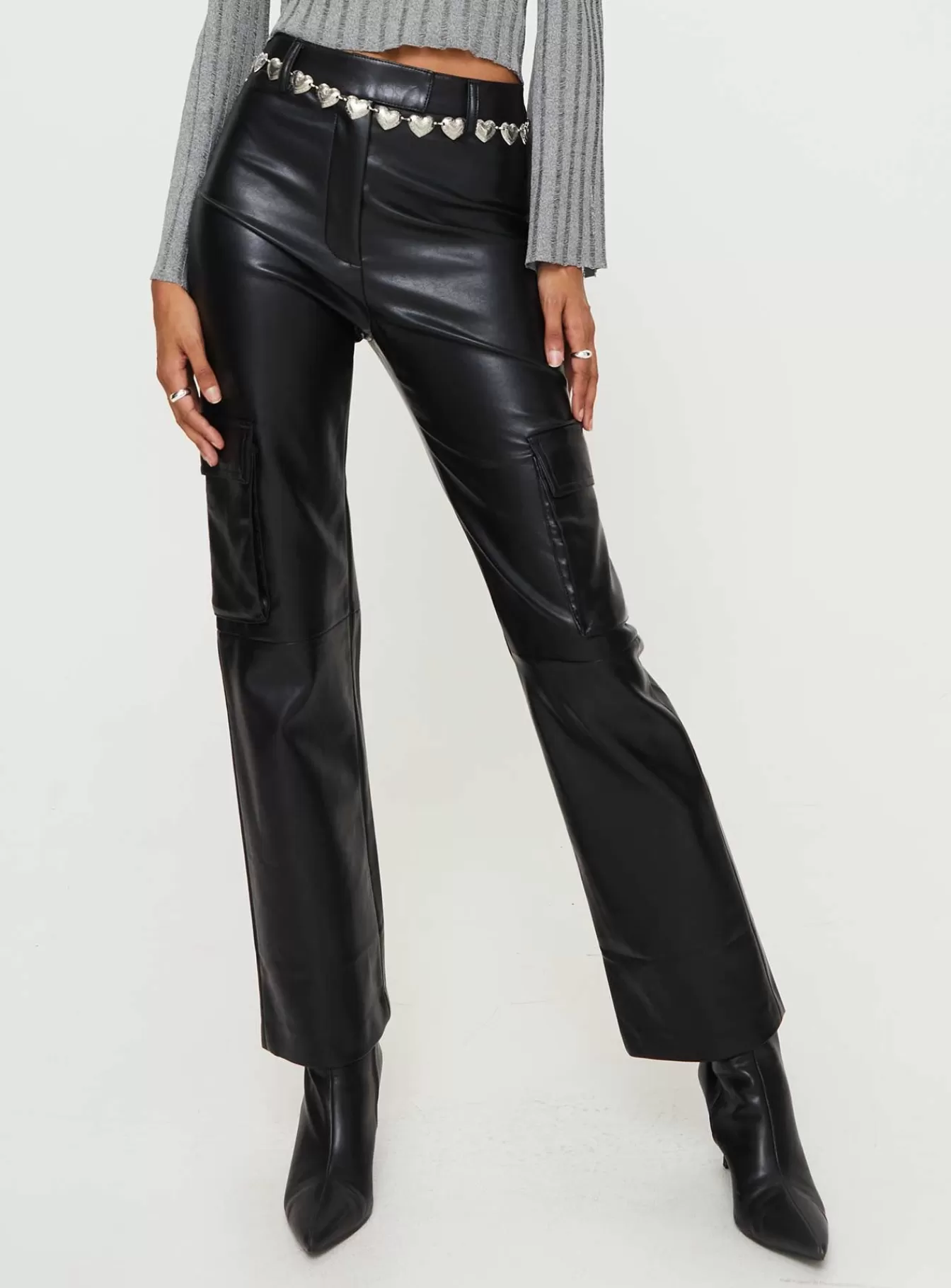 Princess Polly Pants | Taniya Faux Leather Cargo Pants Black